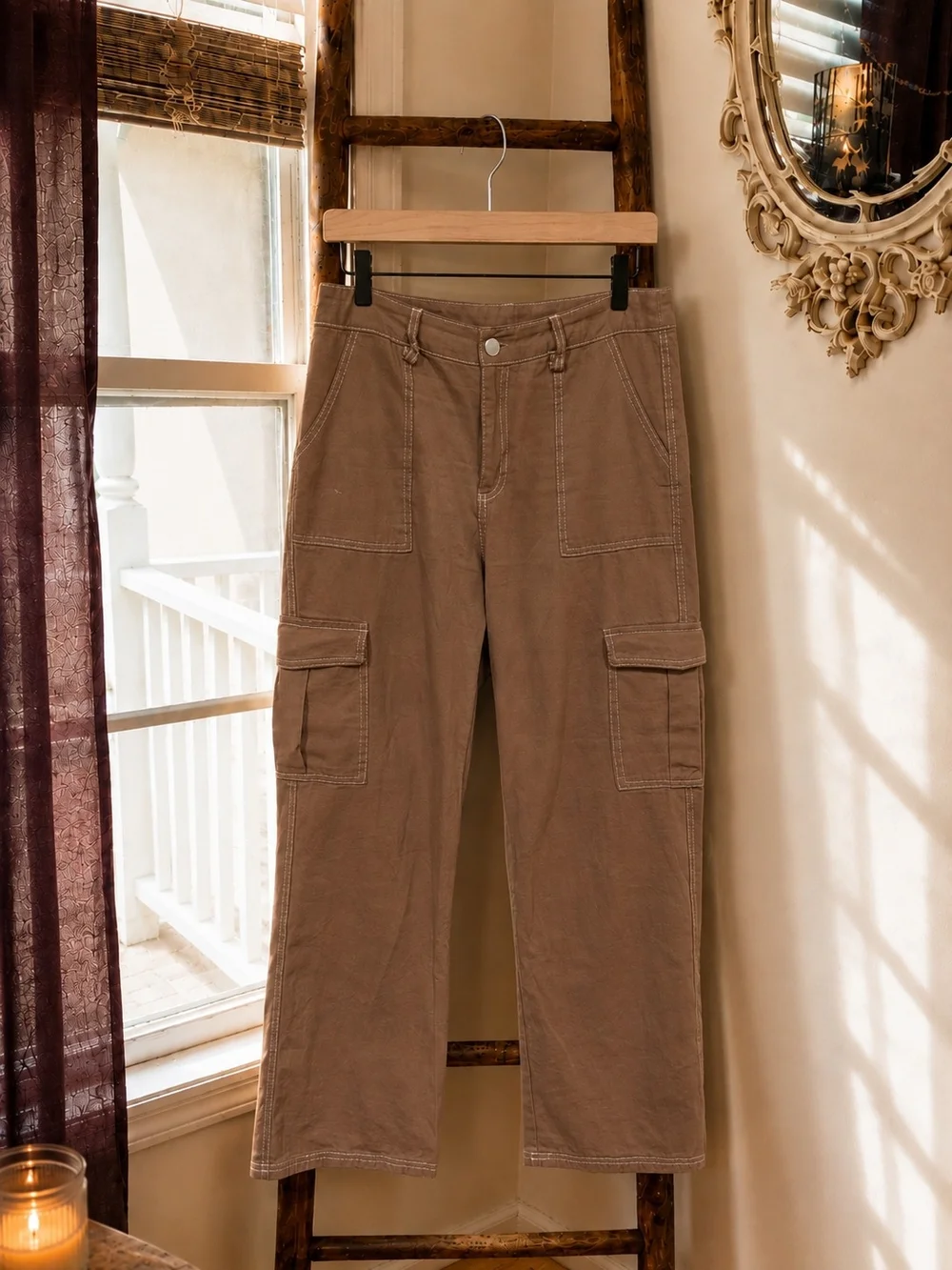 Women’s 100% Cotton Brown Cargo Pants Utility Straight Leg
